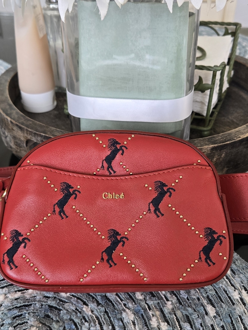 Chloé Red Leather Crossbody with Black Horse Embroidery and Gold Stud Accents